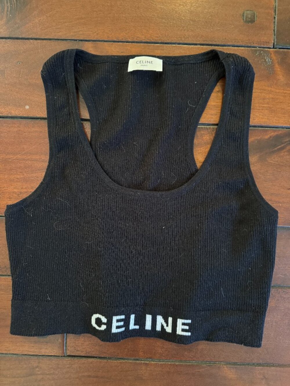 Celine Athletic Knit Sports Bra Black/Cream Logo Crop Top M